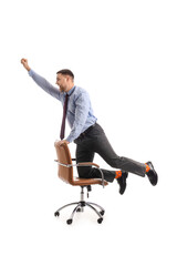 Poster - Funny businessman on chair against white background