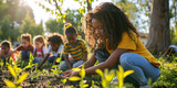 Fototapeta Uliczki - Children Engaging in Eco-Friendly Activities, Planting Trees, Outdoor Education. Gardening