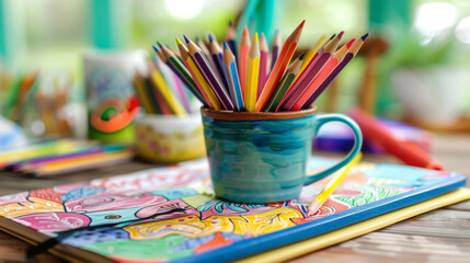 Wall Mural - A doodlecovered notebook and a cup of freshly shard pencils p on a desk representing the creative expression and learning that comes with the school season.