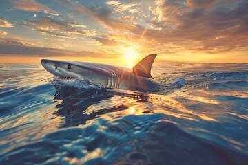 Wall Mural - A shark is swimming in the ocean with the sun shining on it