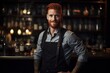 The red-haired male bartender was smiling as he stood at the bar counter with several bottles of alcohol.