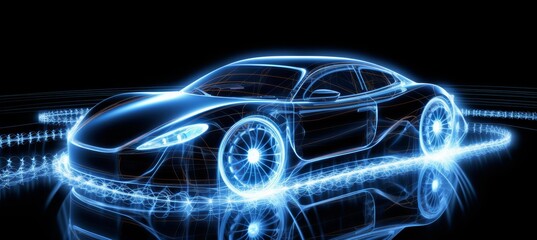 Poster - futuristic electric car with holographic wireframe technology on white background