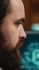 Poster - vertical video stressed programmer updating artificial intelligence neural networks, writing binary 