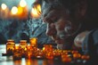 Steam rises moodily around a person whose face is intentionally blurred, with pill bottles and scattered tablets in foreground