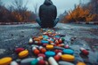 A serene Buddha statue overlooks a chaotic scattering of vibrant colored pills on a wet surface, symbolizing contrast