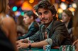 A handsome young man focused on a poker game in a lively casino setting