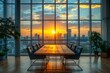 An elegant boardroom with a large wooden table, comfortable chairs, and a breathtaking sunset view over the city