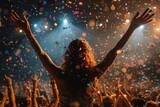 Fototapeta  - Arms outstretched, a person revels in the moment surrounded by a joyous crowd and an intense light and confetti show
