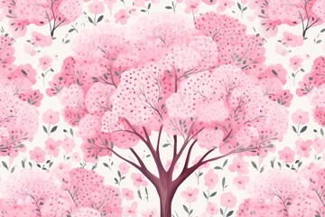  Pink Blossom Tree, Delicate Flowers and Branches Blooming Gracefully on a White Background. Watercolor Illustration for Home Decor, Fabric Design, Wallpaper Patterns, Scrapbooking.