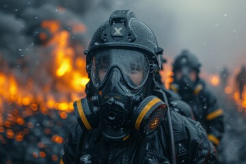 Wall Mural - A firefighter in protective gear stands poised against a dramatic backdrop of intense flames and smoke