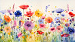 a field of flowers, field of very colorful flowers made with watercolor