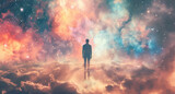 Fototapeta Kosmos - a man standing in the sky with colorful