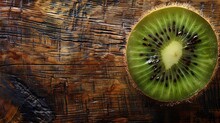 Kiwi On Wooden Table. Rustic Tabletop With Kiwi. Top View