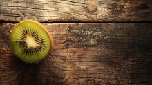 Kiwi On Wooden Table. Rustic Tabletop With Kiwi. Top View