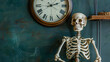 A skeleton is standing in front of a clock. The skeleton is wearing a white shirt and has a black face. The clock is on the wall and has Roman numerals. The room is decorated with a green wall