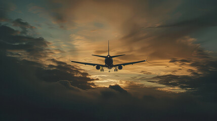 Canvas Print - A plane is flying through a cloudy sky at sunset. The sky is dark and the clouds are thick, creating a moody atmosphere