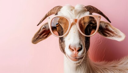 Wall Mural - Stylish goat in sunglasses on soft pastel background, perfect for text placement.