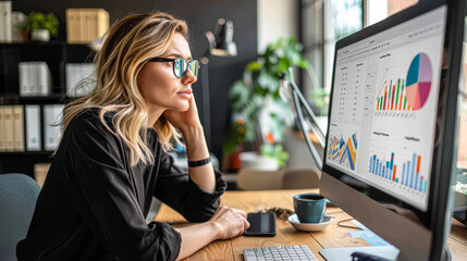 Wall Mural - A woman is sitting at a desk with a computer monitor in front of her. She is wearing glasses and she is focused on the screen