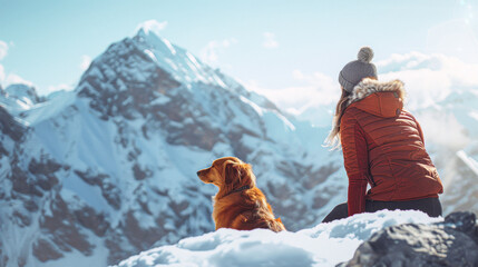 Poster - A woman and her dog are sitting on a snowy mountain top. The woman is wearing a red jacket and a hat. The dog is a golden retriever. The scene is peaceful and serene