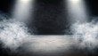 Empty room and concrete floor background.3d illustration. Smoke or fog and spotlight in dark space with copy space for text