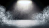 Fototapeta Sport - Empty room and concrete floor background.3d illustration. Smoke or fog and spotlight in dark space with copy space for text