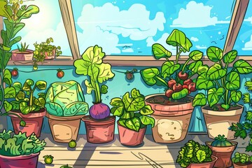 Wall Mural - Cartoon cute doodles of a vegetable garden growing in pots on a sunny balcony, Generative AI