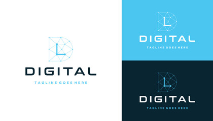 Poster - Initial Letter DL L D LD with Digital Wire Line Dots For Futuristic Connection Link Network Logo Design