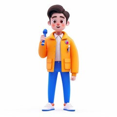 Kid clay animation character wearing a news reporter's blazer and holding a toy microphone, delivering breaking news from a playroom studio, on an isolated white background, Generative AI