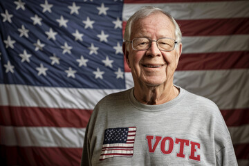 Wall Mural - A senior male USA American election voter portrait in front of American flag