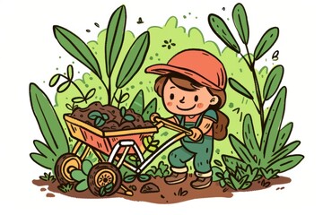 Wall Mural - Cartoon cute doodles of a gardener using a wheelbarrow to transport soil and plants in the garden, Generative AI