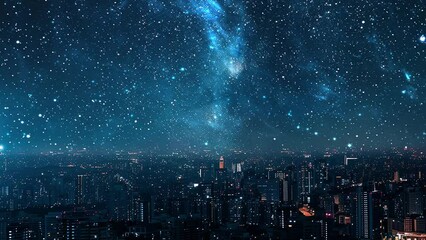 Wall Mural - night scene with starry sky. cityscape at night sky with many stars. seamless looping overlay 4k vir