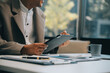 © ARMMY PICCA - Office, tablet and business man happy for positive financial savings, finance budget report or administration feedback. Growth analytics, data analysis review and person smile for research statistics