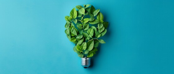 Wall Mural - A light bulb, made of green leaves and clipped leaves, is presented on a blue background, showcasing minimalist collages, colorful aesthetics, and a flat composition.