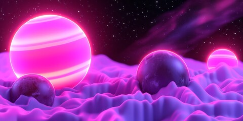 Purple and Pink Galaxy on Electric Plasma Background with Glowing Spheres and Stars in a Bright Cosmic Scene