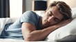 Sleeping handsome attractive model caucasian guy on bed from Generative AI