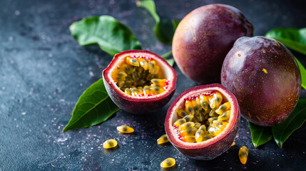 Wall Mural - Passion fruits and half on dark background with copy space - AI Generated