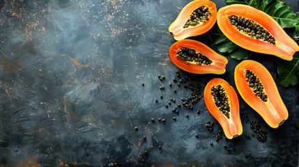 Wall Mural - top view half of ripe papaya fruit with seeds on dark grunge background with copy space - AI Generated