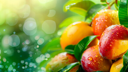 Wall Mural - close upRipe mango fruits on mango tree on bokeh garden background - AI Generated