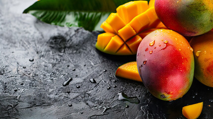 Wall Mural - Mango fruit with mango cubes and slices with water drop on dark background with copy space - AI Generated