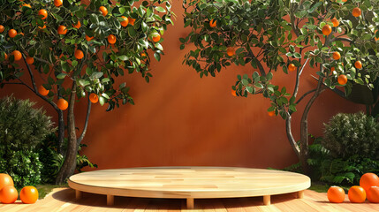 Wall Mural - wooden cylinder pedestal podium with oranges garden against plain orange color background with leaves shadow - AI Generated