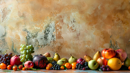 Wall Mural - fruit still lifes featuring fruits arrange on cracked concrete vintage wall background with copy space - AI Generated