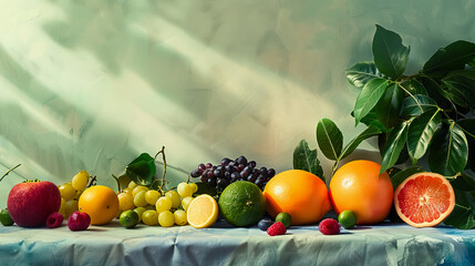 Wall Mural - fruit still lifes featuring fruits arranged in natural settings with foliage shadow from window - AI Generated