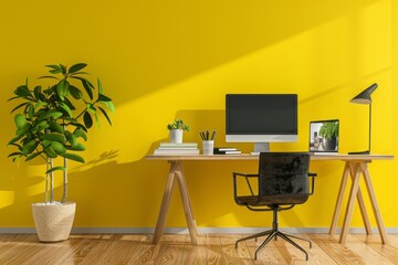 Poster - Contemporary Living Room Interior with Computer Desk, on isolated yellow background, Generative AI