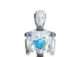 Poster - Humanoid robot holding many little cube blocks that are merging into cubic shape with artificial Intelligence symbol isolated on transparent background, 3D rendering illustration