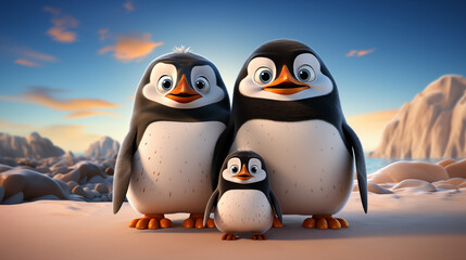 Wall Mural - 3d cartoon-style penguin family isolated in white background 