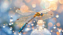 A Dragonfly Perched On A Luminescent White Essence Bottle Its Wings Reflecting The Soft Flickr Of Water Bubbles