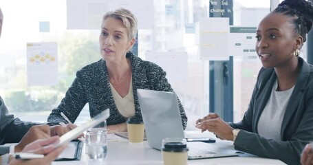 Poster - Business people, teamwork and tablet in meeting for manager update, workflow feedback and planning. Professional employees or group talking of office agenda and human resources on digital technology
