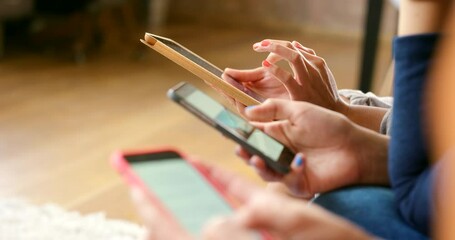 Hands, phone and typing in group, closeup and together in home for connection, mobile app or web blog. People, women and smartphone for friends with click, scroll and communication on social media