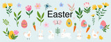 Fototapeta Pokój dzieciecy - Easter set elements in cartoon flat style, Vector illustration. . Bunny, dyed eggs, chick, colorful flowers. Spring abstract decoration symbol.