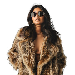 front view mid body shot of a divinely beautiful female indian model enveloped in a regal mink trimm